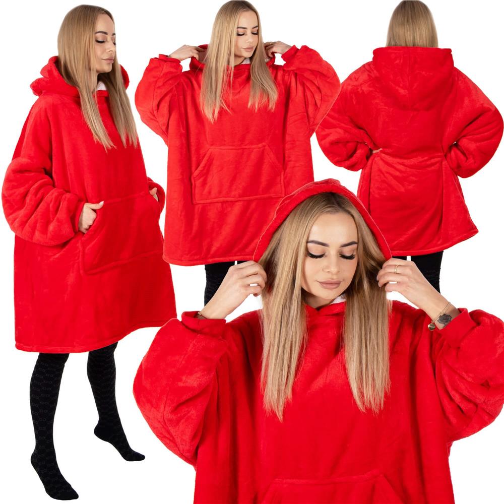 Piros, puha fleece anyagból készült, kapucnis és nagy zsebbel ellátott, oversize takaró-hanorak. - Image 5