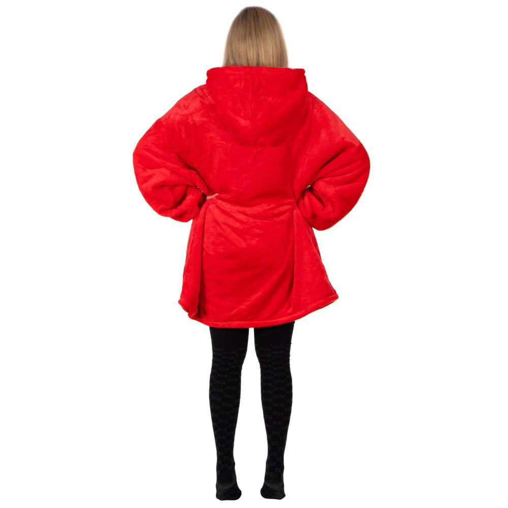 Piros, puha fleece anyagból készült, kapucnis és nagy zsebbel ellátott, oversize takaró-hanorak. - Image 6