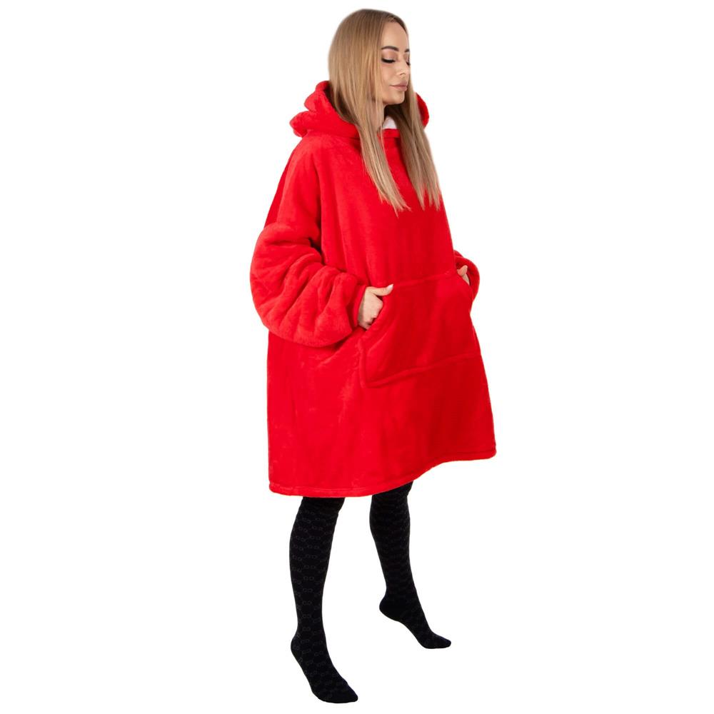 Piros, puha fleece anyagból készült, kapucnis és nagy zsebbel ellátott, oversize takaró-hanorak. - Image 7