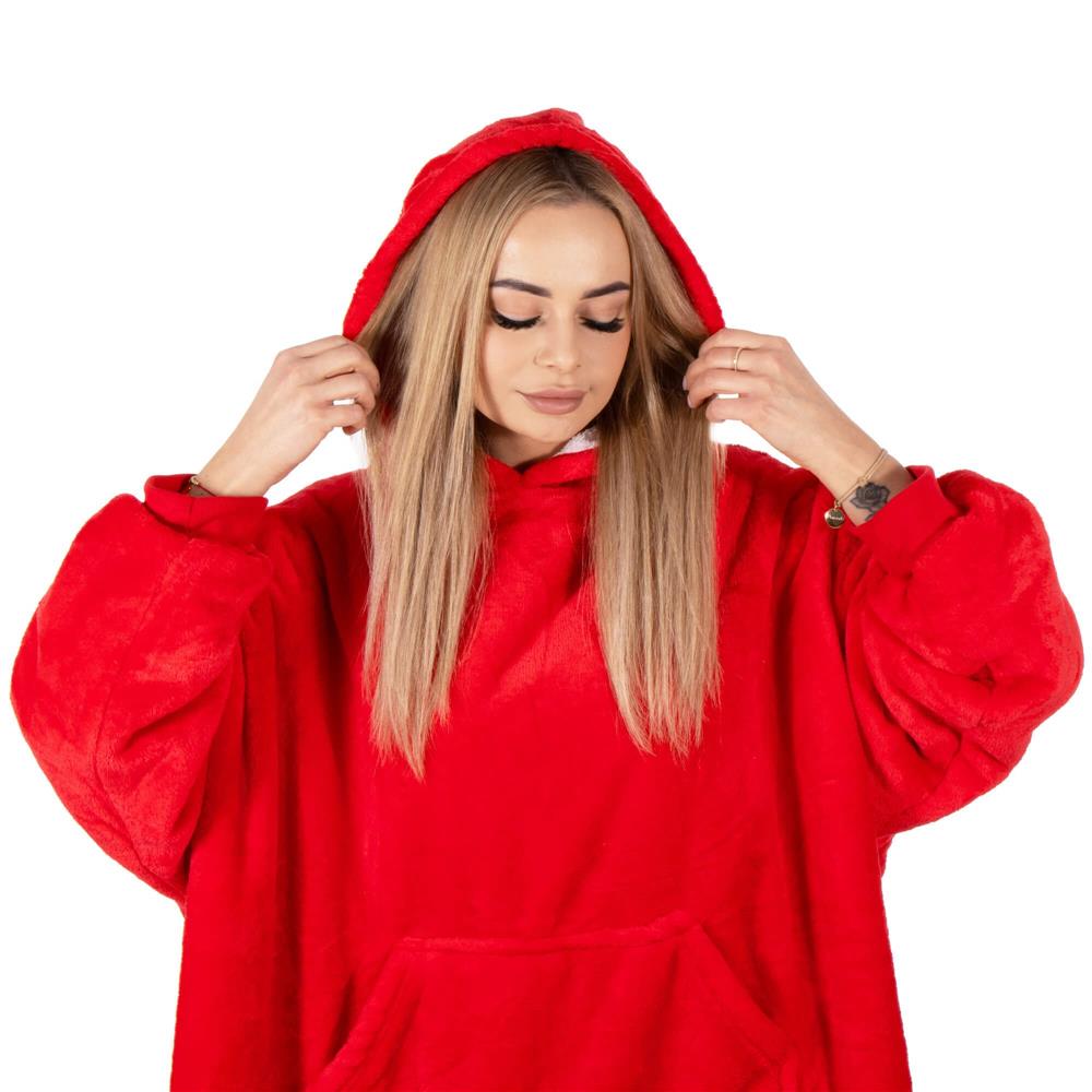 Piros, puha fleece anyagból készült, kapucnis és nagy zsebbel ellátott, oversize takaró-hanorak. - Image 8