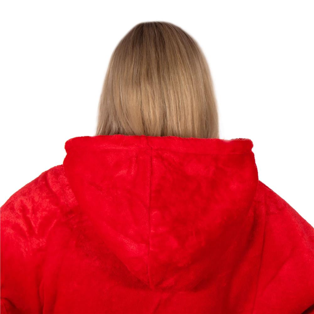 Piros, puha fleece anyagból készült, kapucnis és nagy zsebbel ellátott, oversize takaró-hanorak. - Image 9