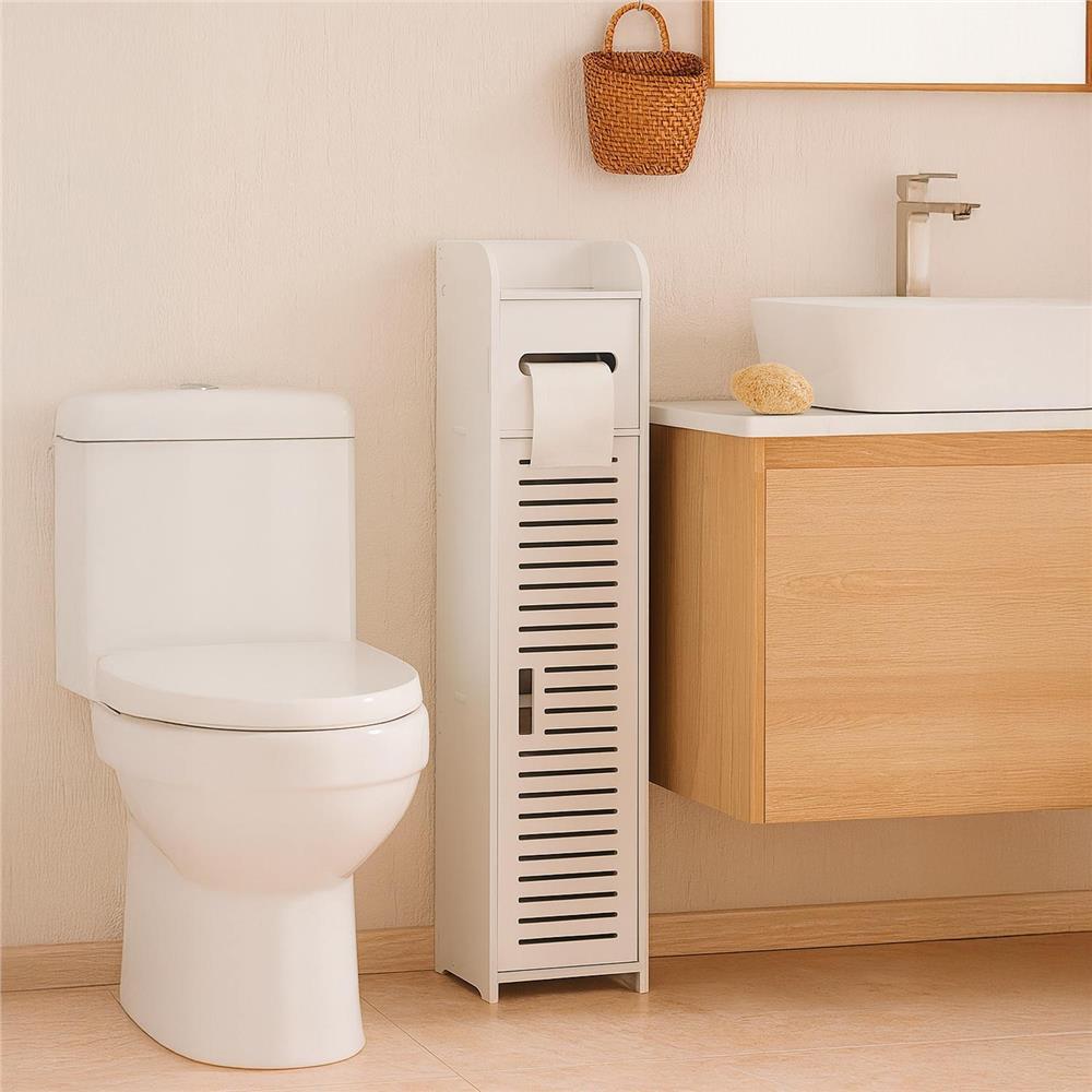 Fürdőszobai keskeny polc 3 polccal és WC papír tartó fiókkal, 80x17x16 cm, fehér - Image 16