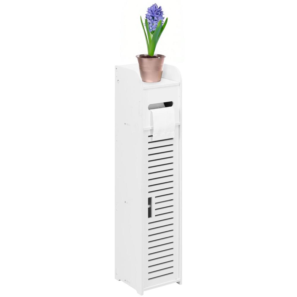 Fürdőszobai keskeny polc 3 polccal és WC papír tartó fiókkal, 80x17x16 cm, fehér - Image 9