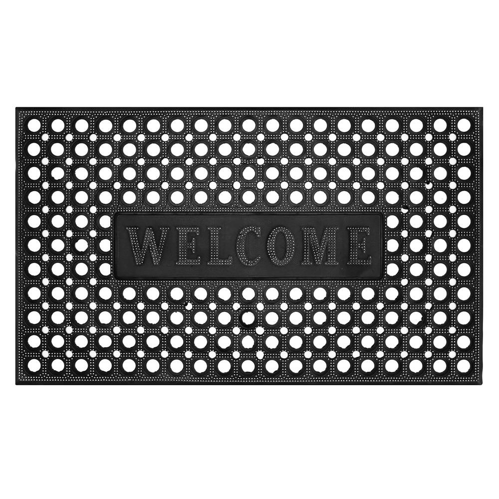 Perforált gumi bejárati szőnyeg, csúszásgátló PVC, Welcome, 45x75 cm, fekete