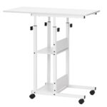Magasságban állítható íróasztal polcokkal és kerekekkel, fa asztallappal és fém szerkezettel, 80x40x76-86 cm, fehér