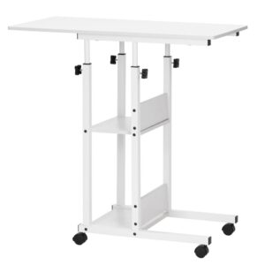Magasságban állítható íróasztal polcokkal és kerekekkel, fa asztallappal és fém szerkezettel, 80x40x76-86 cm, fehér