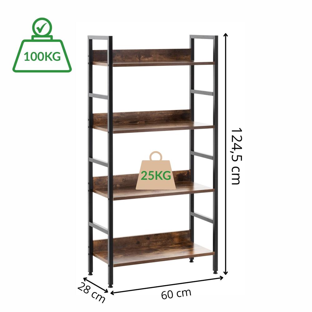 4 polcos ipari stílusú polc MDF lapokkal és fém vázzal, 60x28x124,5 cm, sötétbarna és fekete - Image 20
