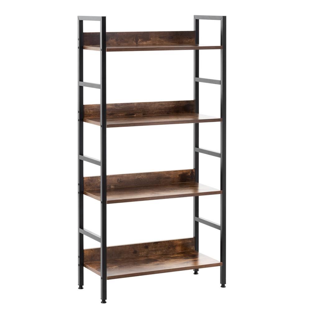 4 polcos ipari stílusú polc MDF lapokkal és fém vázzal, 60x28x124,5 cm, sötétbarna és fekete