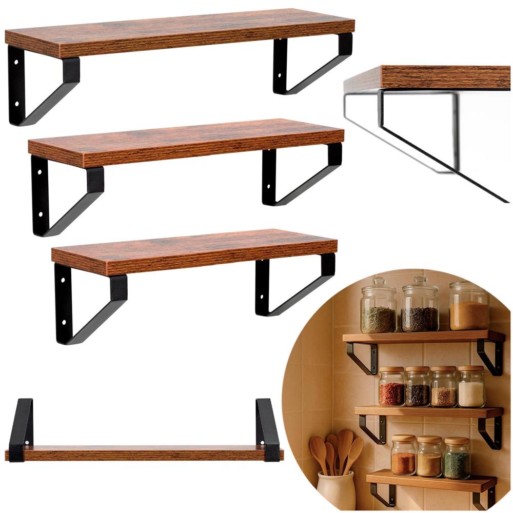 Fém és MDF fali polc szett 3 db, 30-35-40 x 12 cm, fekete és barna - Image 3