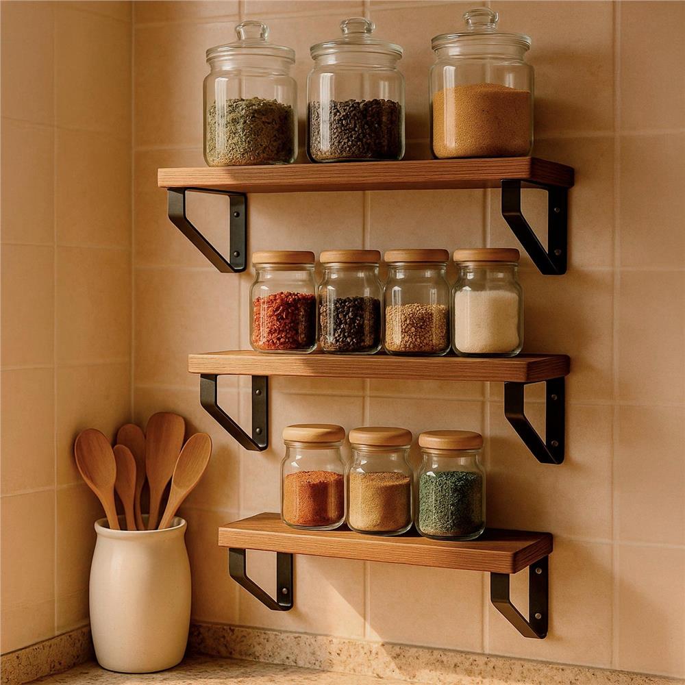 Fém és MDF fali polc szett 3 db, 30-35-40 x 12 cm, fekete és barna - Image 8