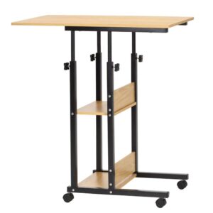 Magasságban állítható íróasztal polcokkal és kerekekkel, fa asztallappal és fém szerkezettel, 80x40x76-86 cm, natúr barna