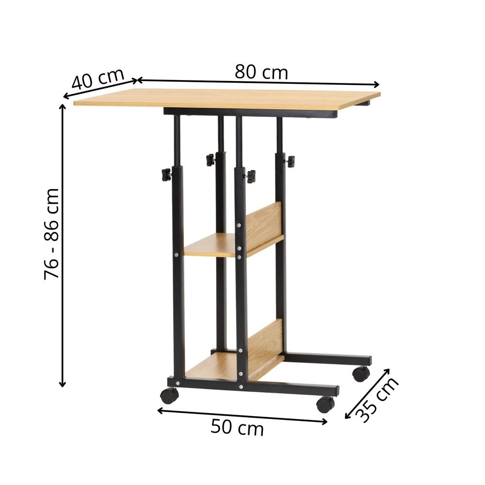 Magasságban állítható íróasztal polcokkal és kerekekkel, fa asztallappal és fém szerkezettel, 80x40x76-86 cm, natúr barna - Image 15