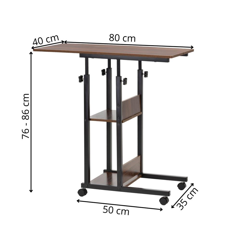 Magasságban állítható íróasztal polcokkal és kerekekkel, fa asztallappal és fém szerkezettel, 80x40x76-86 cm, sötétbarna - Image 16