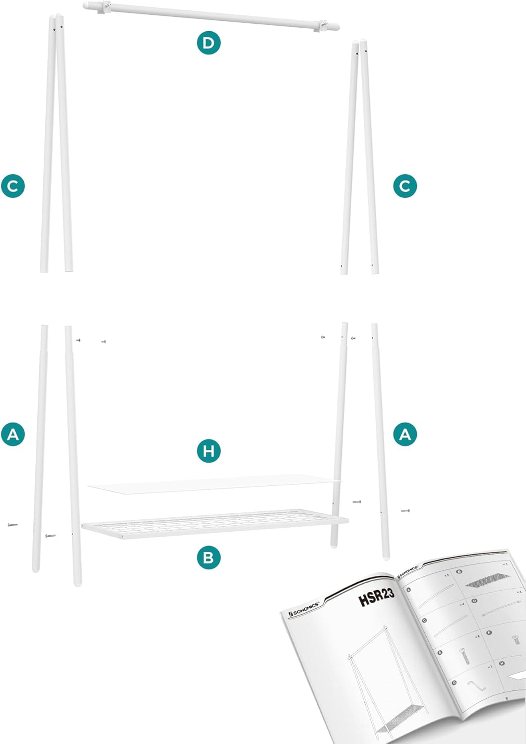 SONGMICS ruhaállvány rúddal és alsó polccal, fémvázas, 93x34x153 cm, fehér - Image 2