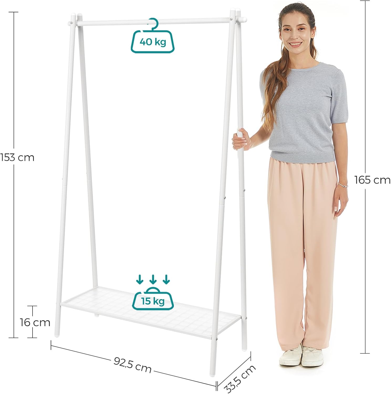 SONGMICS ruhaállvány rúddal és alsó polccal, fémvázas, 93x34x153 cm, fehér - Image 6