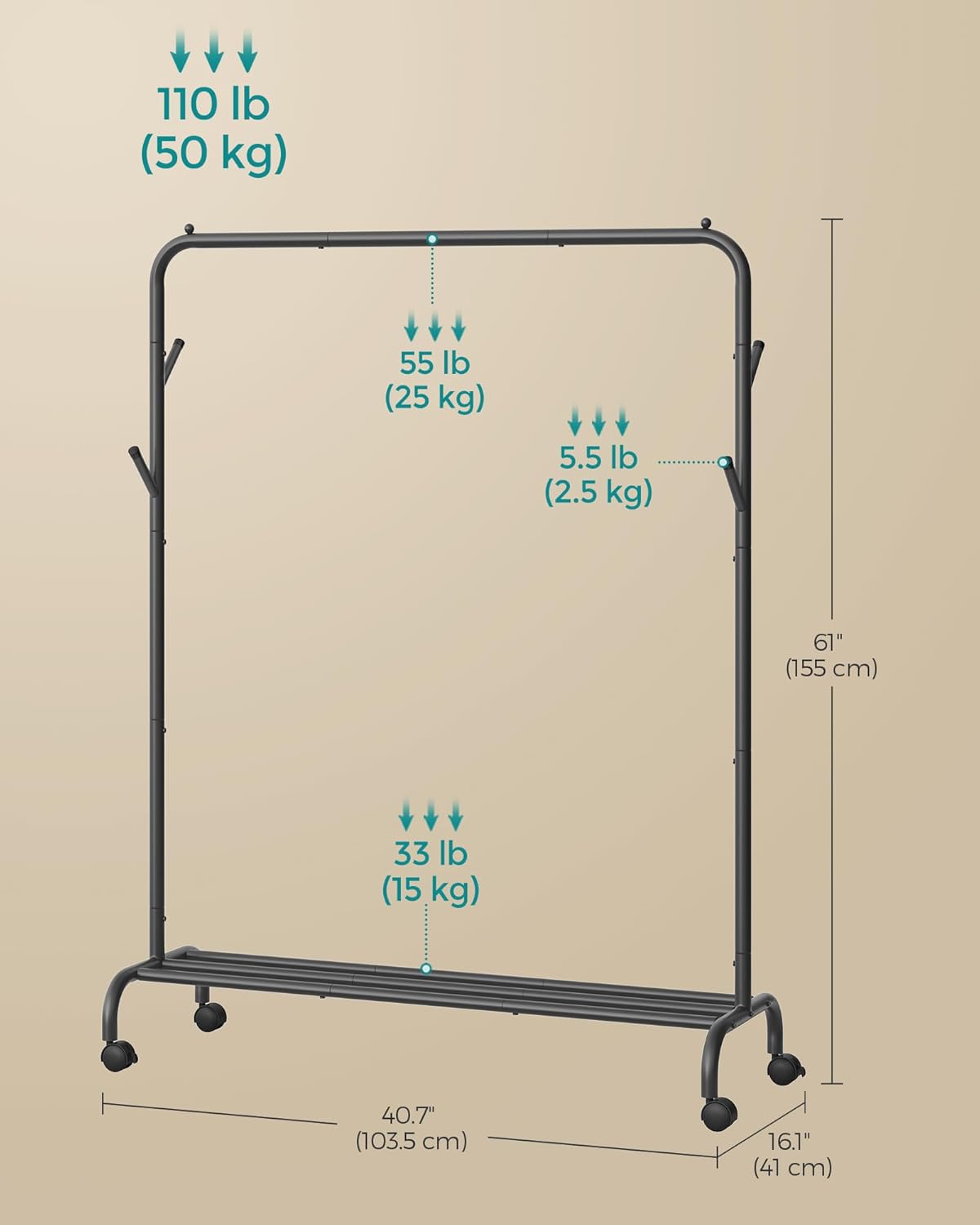 SONGMICS fém ruhatartó állvány kerekekkel és alsó polccal, ipari stílus, 103x41x155 cm, fekete - Image 2