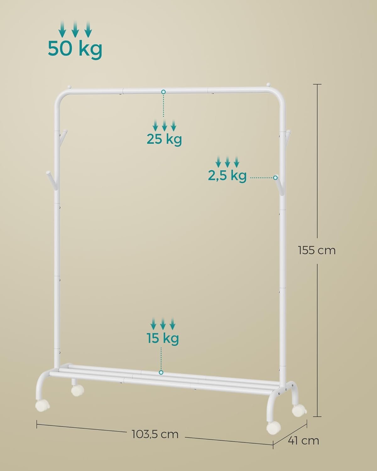 SONGMICS fém ruhatartó állvány kerekekkel és alsó polccal, ipari stílus, 103x41x155 cm, fehér - Image 2