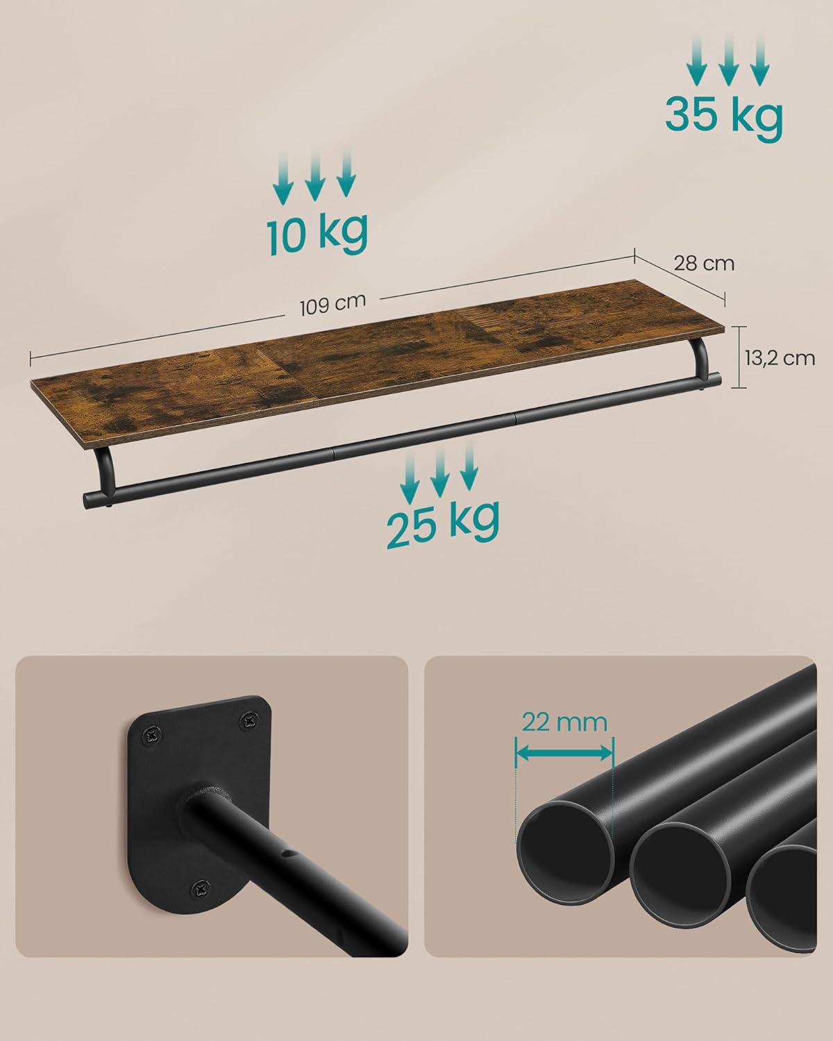 SONGMICS Fali kabáttartó akasztóval és polccal, 60 kg teherbírás, ipari stílus, 109x28x13 cm, rusztikus barna - Image 2