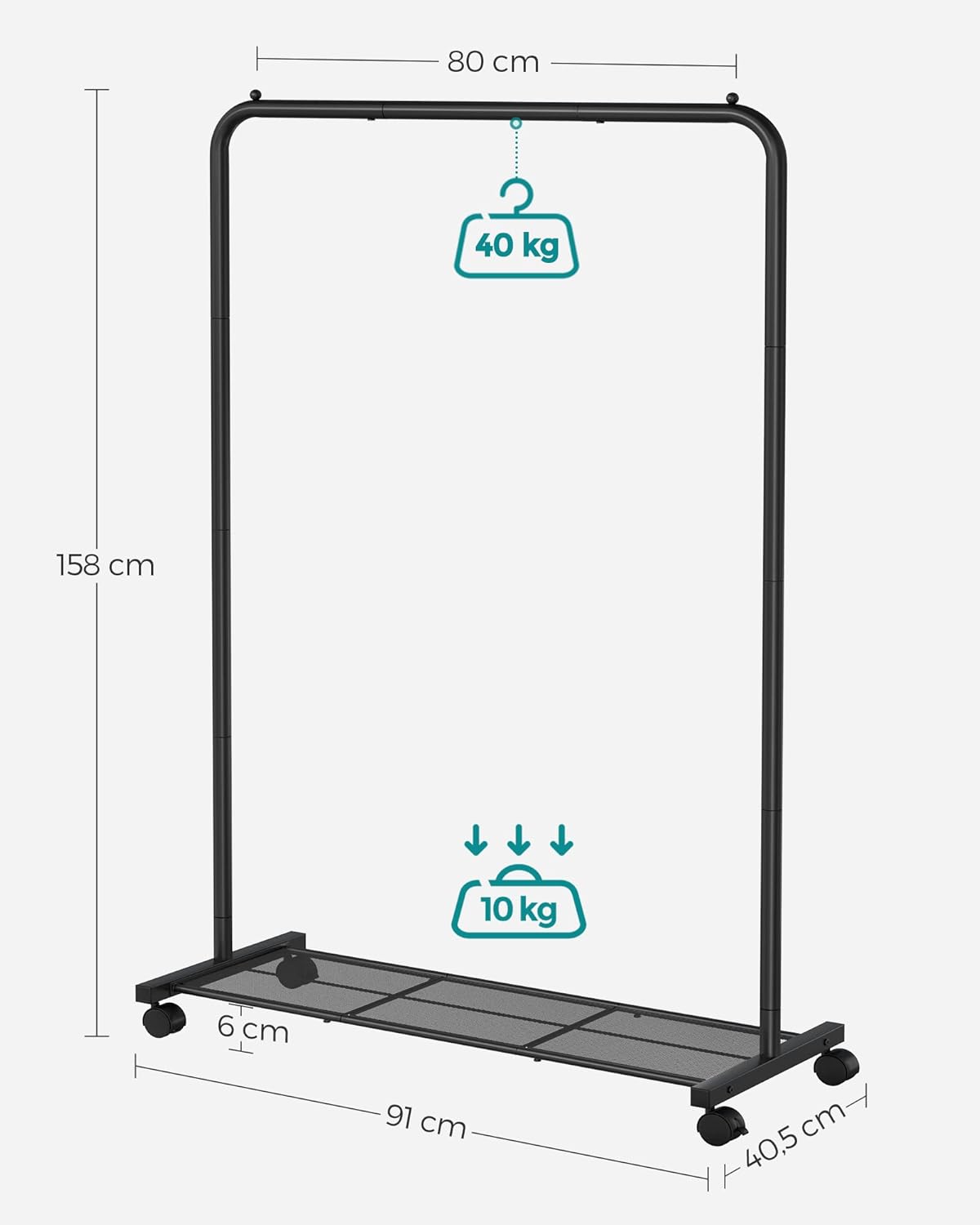 SONGMICS mobil ruhatartó állvány kerekekkel, ruhatartó rúddal és polccal, 40 kg teherbírás, 91x41x158 cm, fekete - Image 2