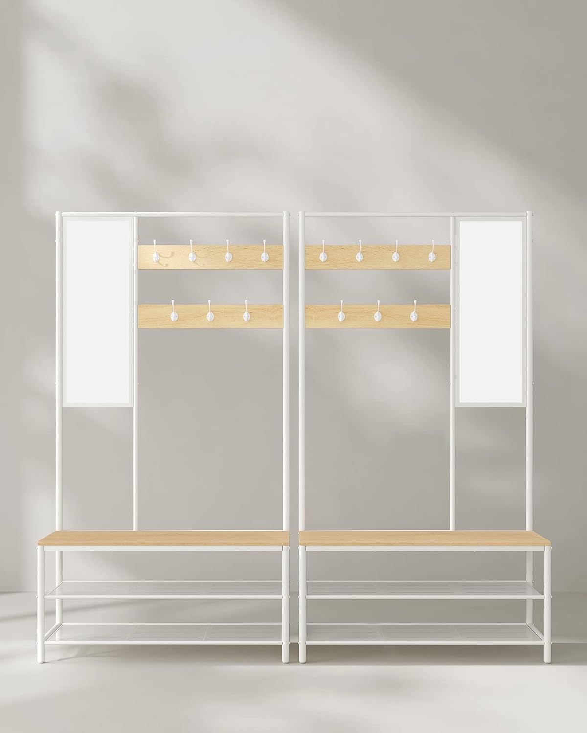 VASAGLE Előszobafogas cipőtartó polcokkal és tükörrel, ipari stílusban, 35x98x180 cm, tölgybarna és fehér - Image 9