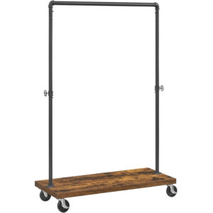 VASAGLE Suport haine cu bara metalica si raft inferior, cadru metalic si PAL, stil industrial, 104x40x162 cm, maro rustic si negru