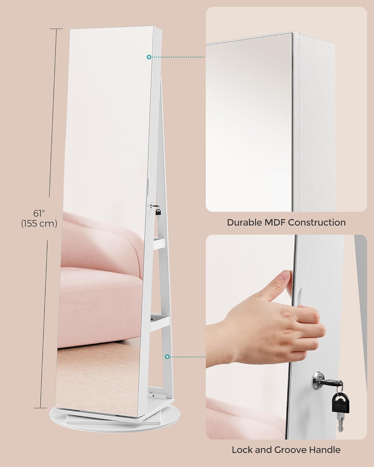 SONGMICS forgatható ékszerszekrény teljes alakos tükörrel, 360°-ban forgatható, LED világítással, MDF, 162 cm, fehér - Image 2