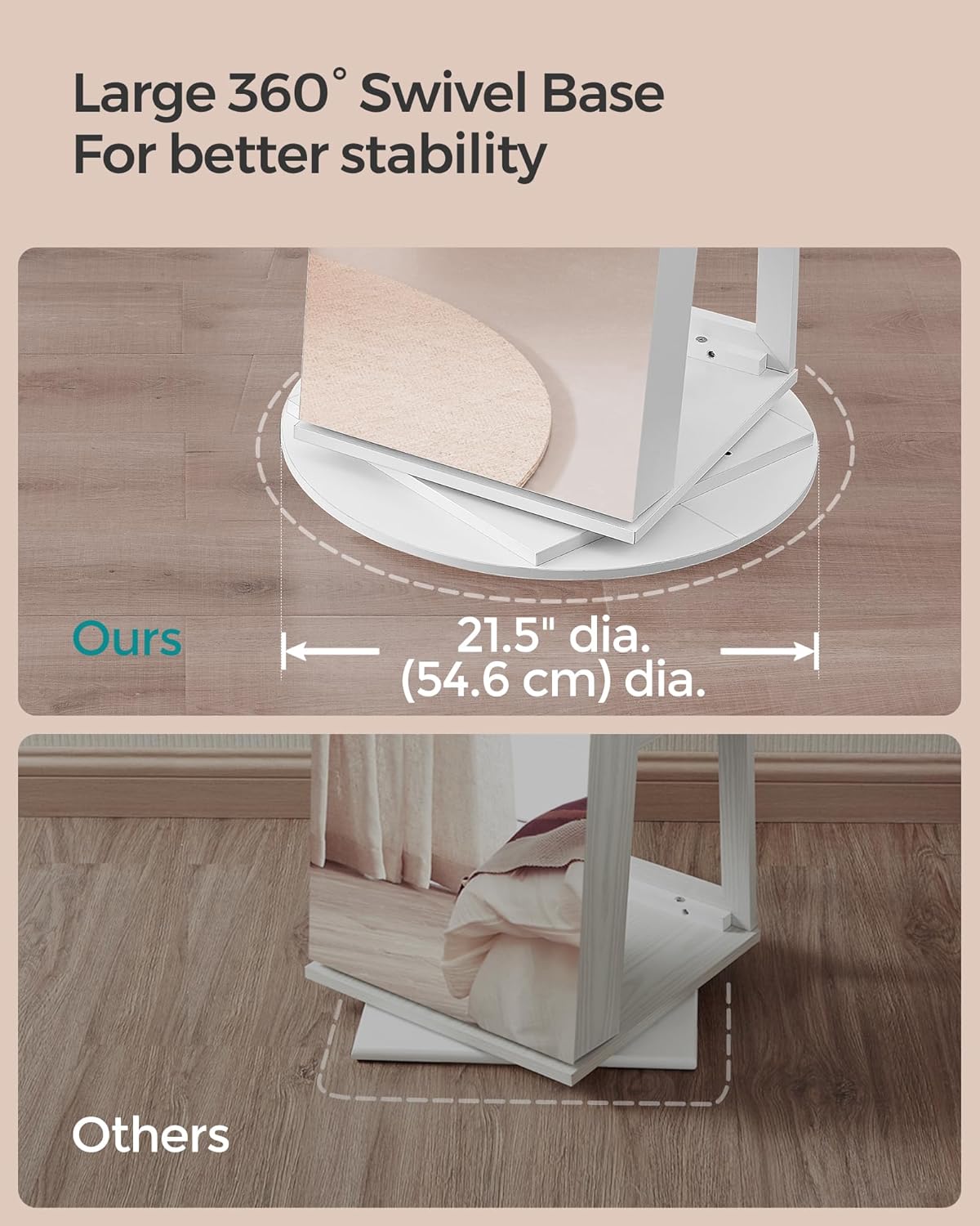 SONGMICS forgatható ékszerszekrény teljes alakos tükörrel, 360°-ban forgatható, LED világítással, MDF, 162 cm, fehér - Image 6