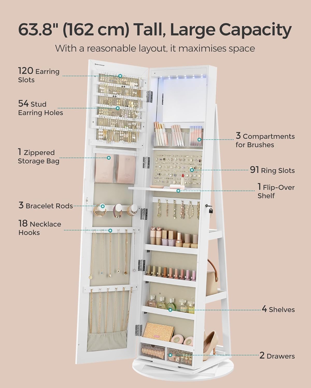 SONGMICS forgatható ékszerszekrény teljes alakos tükörrel, 360°-ban forgatható, LED világítással, MDF, 162 cm, fehér - Image 7