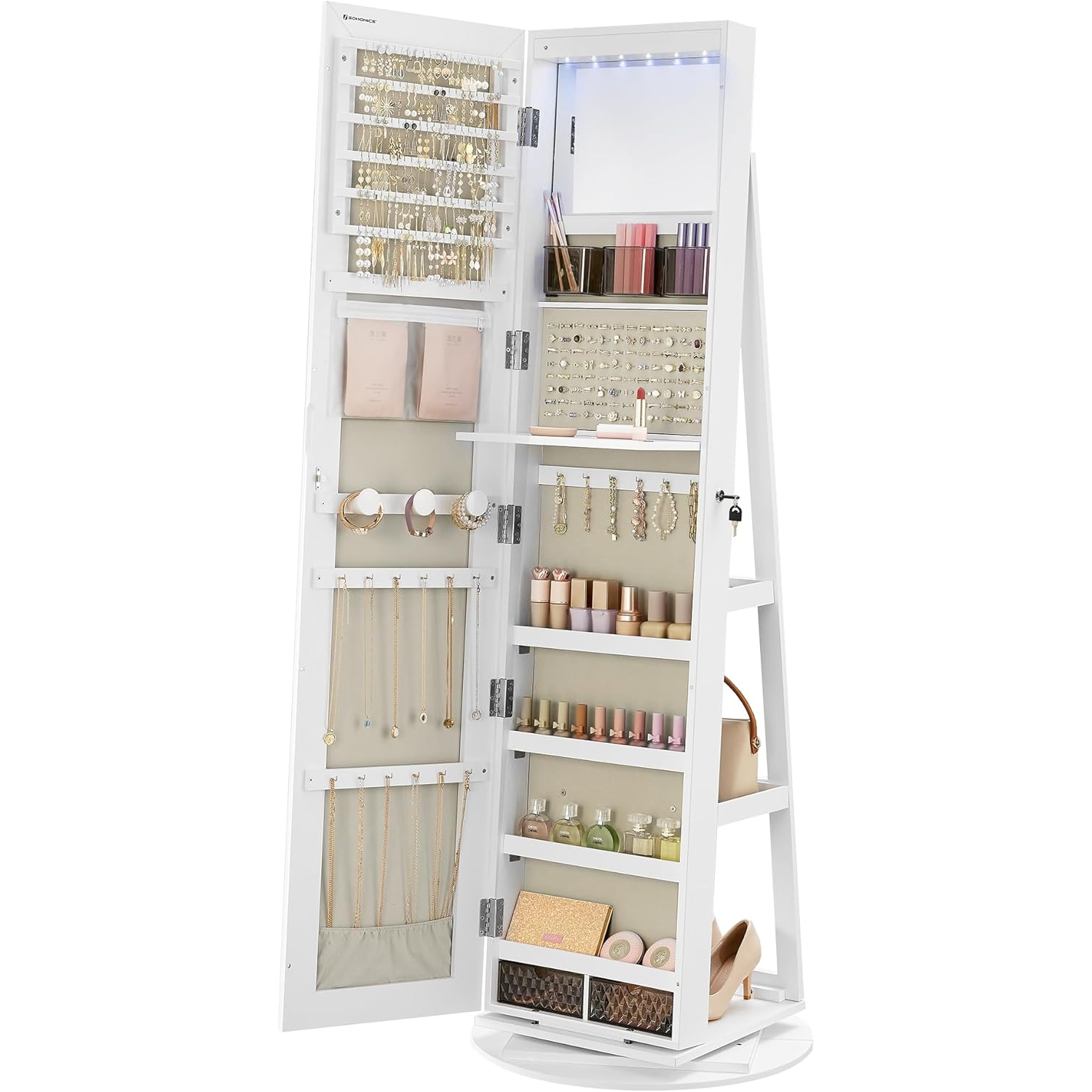 SONGMICS forgatható ékszerszekrény teljes alakos tükörrel, 360°-ban forgatható, LED világítással, MDF, 162 cm, fehér - Image 8
