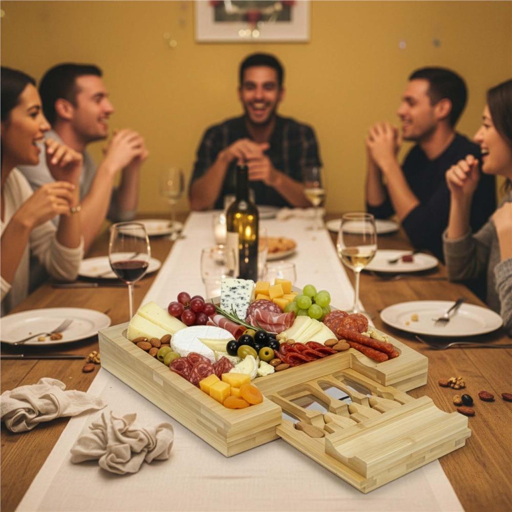 Sajtfelszolgáló szett bambusz tálcával és kihúzható fiókkal, 33x33x4 cm, természetes barna - Image 15