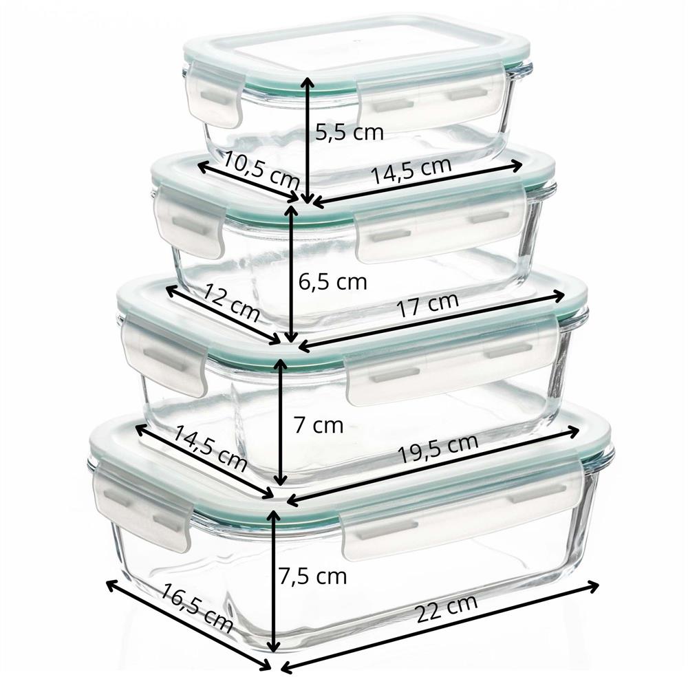 Set 4 recipiente din sticla termorezistenta, cu capac etans, BPA free, 350ml / 600ml / 1000ml / 1450ml , transparent - Image 16
