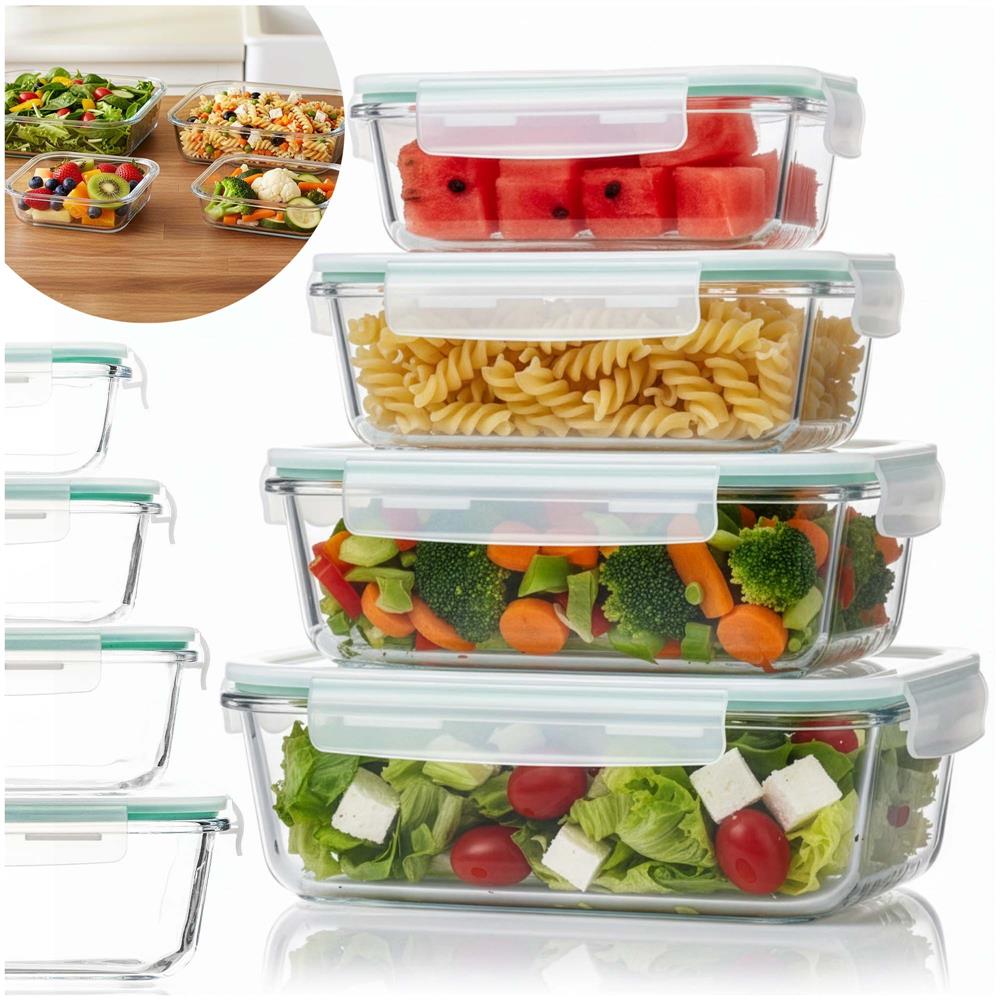 Set 4 recipiente din sticla termorezistenta, cu capac etans, BPA free, 350ml / 600ml / 1000ml / 1450ml , transparent - Image 5