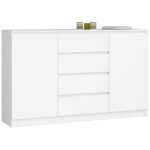 K160 komód 4 fiókkal és 2 szekrénnyel, 16 mm laminált forgácslap, 160x40x99 cm, fehér