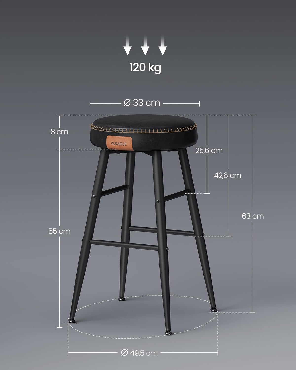 VASAGLE Set 2 scaune bar EKHO, tapiterie PU, cadru metalic, 50x50x63 cm, negru - Image 2