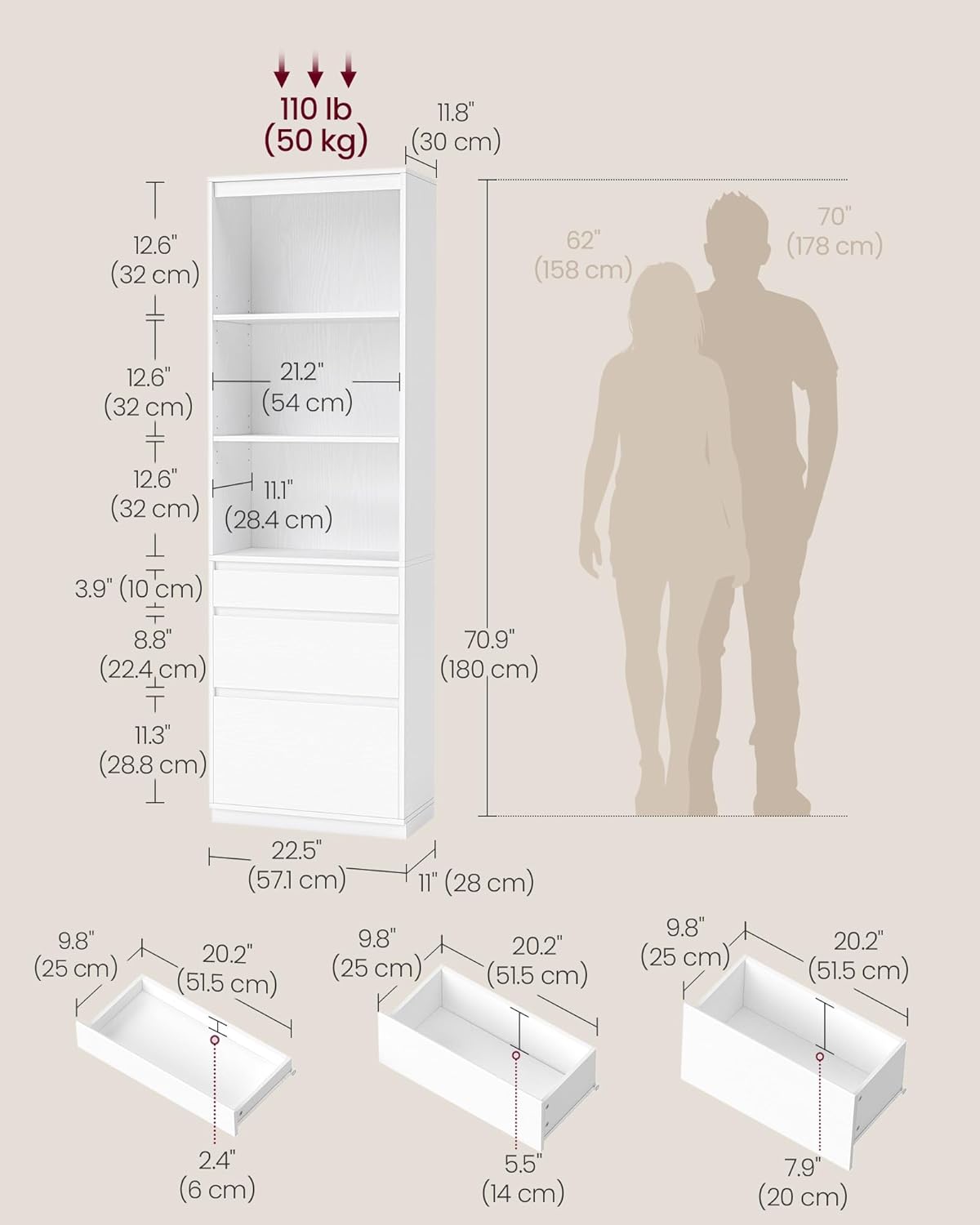 VASAGLE Kailyn kollekció könyvespolc 3 fiókkal és állítható polcokkal, 15 mm-es laminált forgácslapból, 57 x 30 x 180 cm, fehér - Image 2