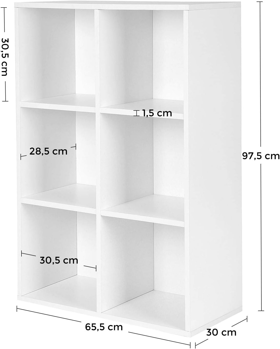 VASAGLE könyvespolc 6 rekesszel, kockás tárolópolc, 66x30x98 cm, fehér - Image 5