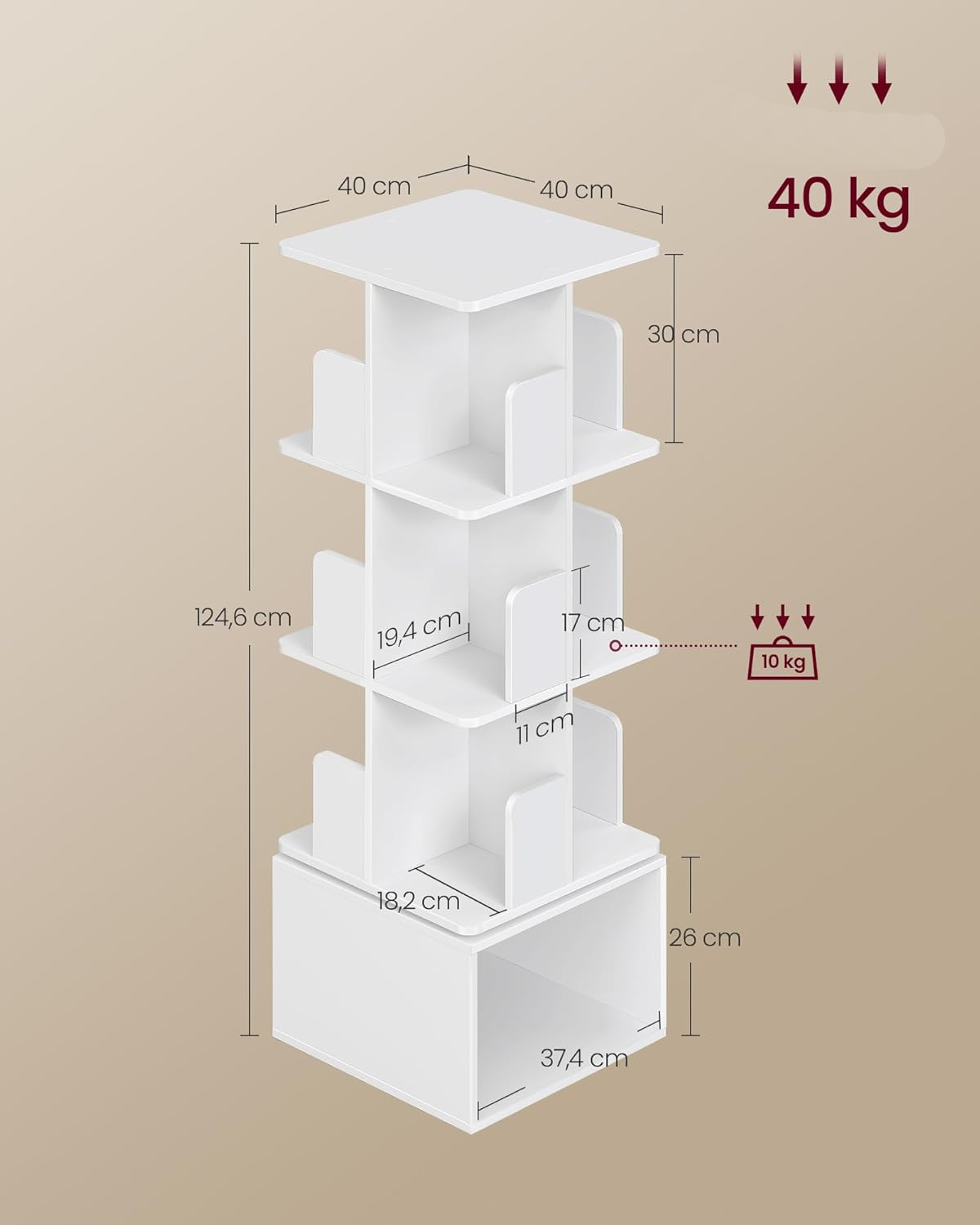 VASAGLE Forgó könyvespolc, MDF, 4 szinttel és nyitott rekeszekkel, padlóra szerelhető, 40x40x125 cm, fehér - Image 2