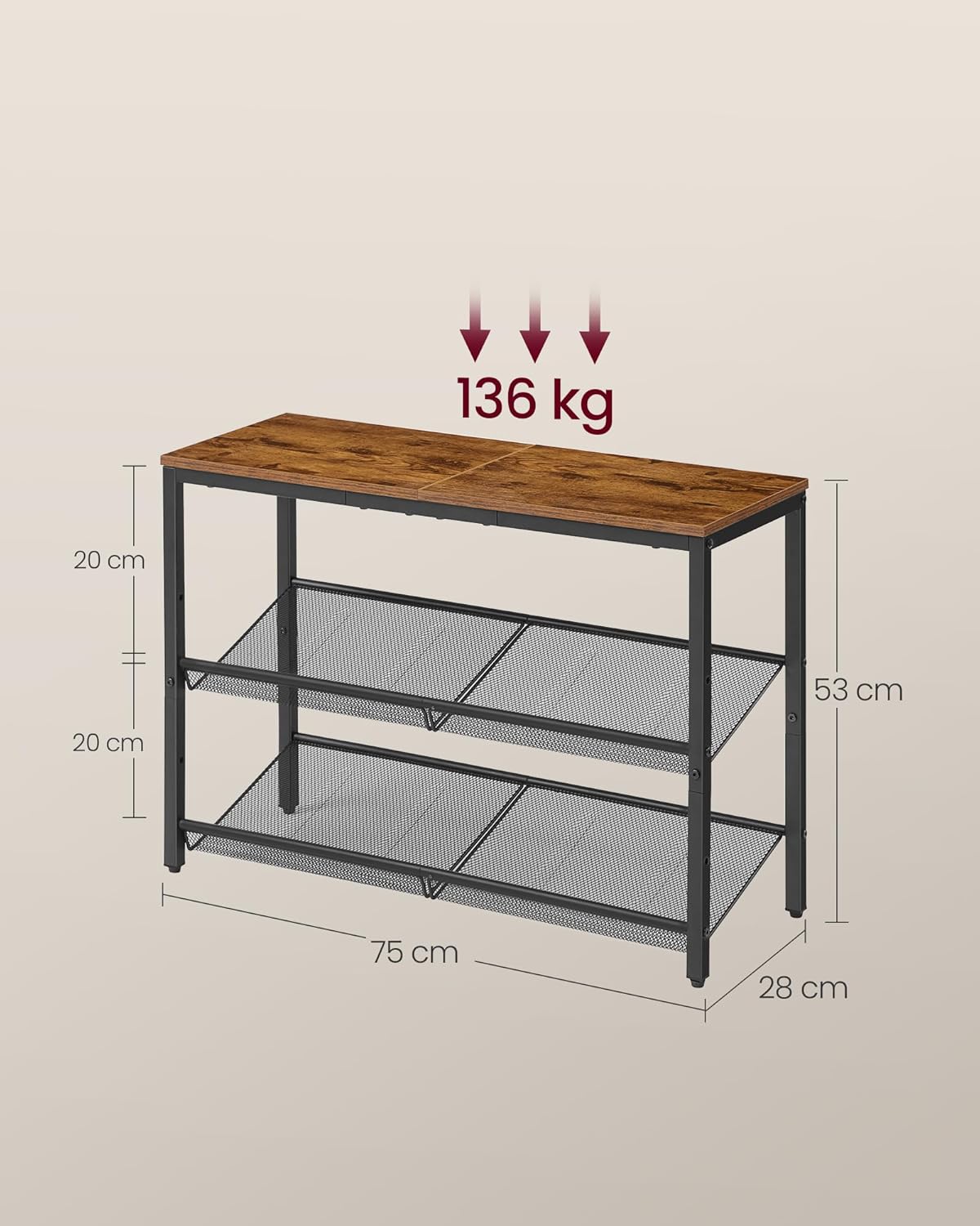 VASAGLE Cipőtartó állvány 3 szinttel, állítható fém polcokkal és felső lappal, ipari stílus, 75x28x53 cm, rusztikus barna - Image 2