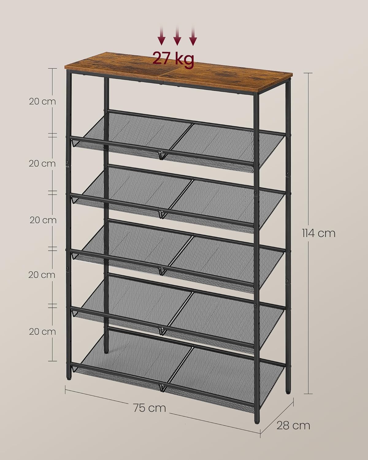 VASAGLE 6-szintes cipőtartó, állítható fém polcokkal, farostlemez tetejű, ipari stílusú, 75x28x114 cm, rusztikus barna - Image 4