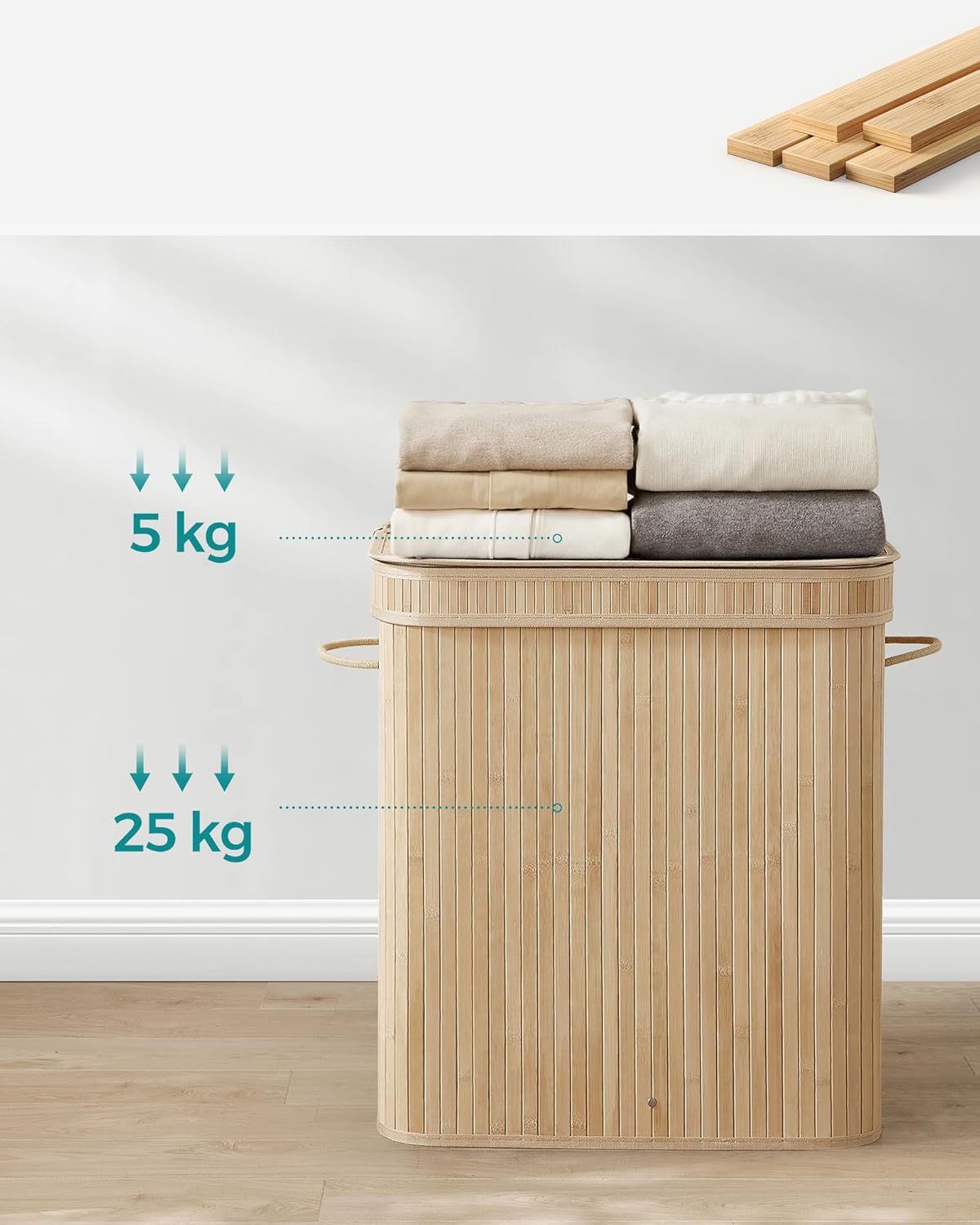 SONGMICS 100 literes, fedeles bambusz ruháskosár, kivehető textilzsákkal, 55x35x61 cm, természetes bézs - Image 5