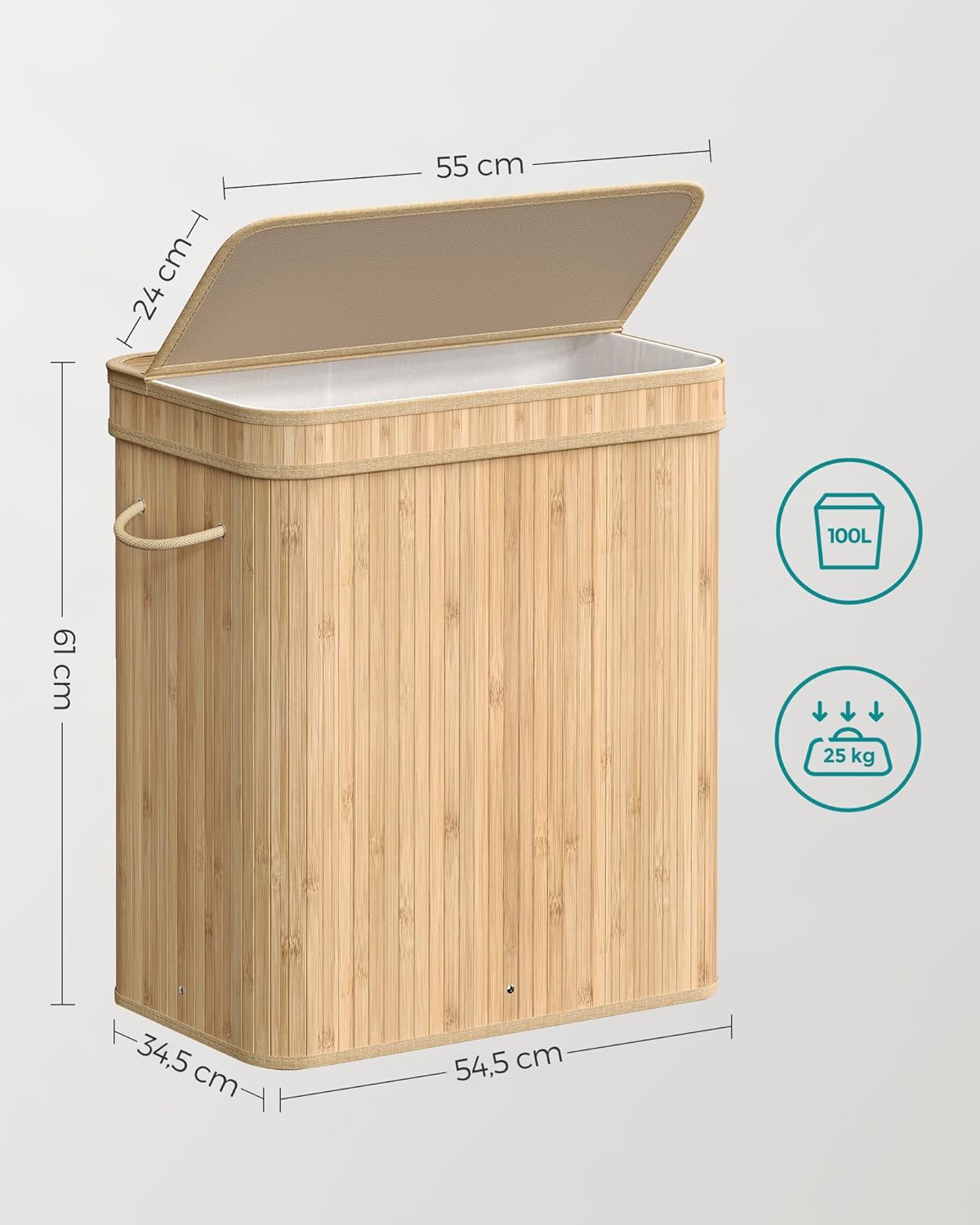 SONGMICS 100 literes, fedeles bambusz ruháskosár, kivehető textilzsákkal, 55x35x61 cm, természetes bézs - Image 8
