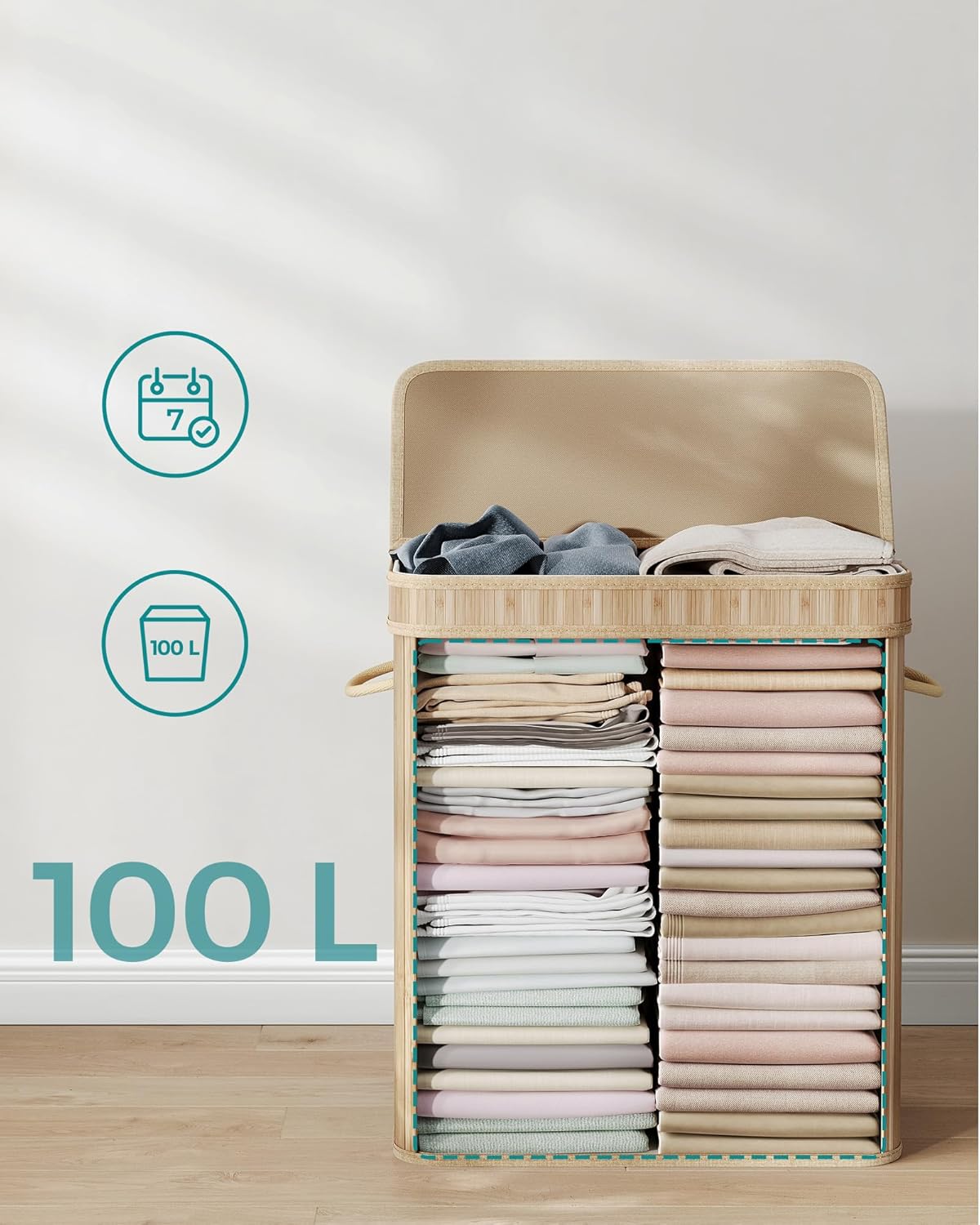 SONGMICS 100 literes, fedeles bambusz ruháskosár, kivehető textilzsákkal, 55x35x61 cm, természetes bézs - Image 9