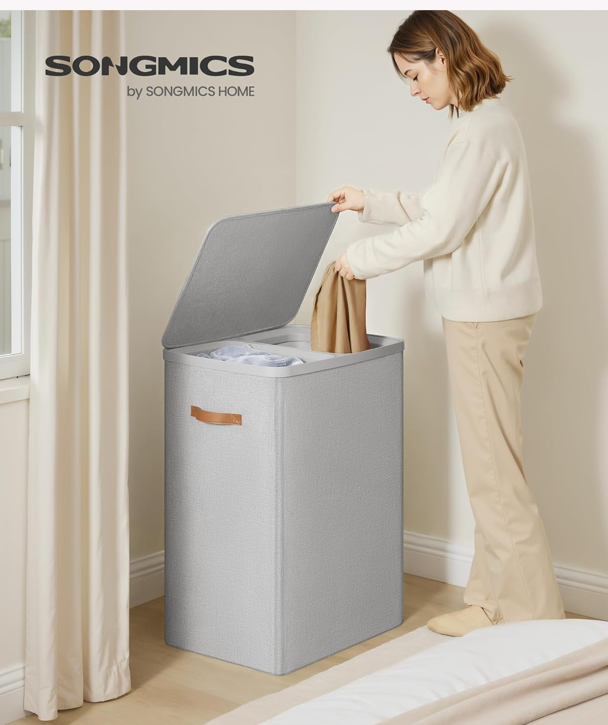 SONGMICS szennyeskosár 2 rekesszel és fedéllel, kivehető fogantyús zsákokkal, 170 liter, 56x40x75 cm, szürke - Image 2