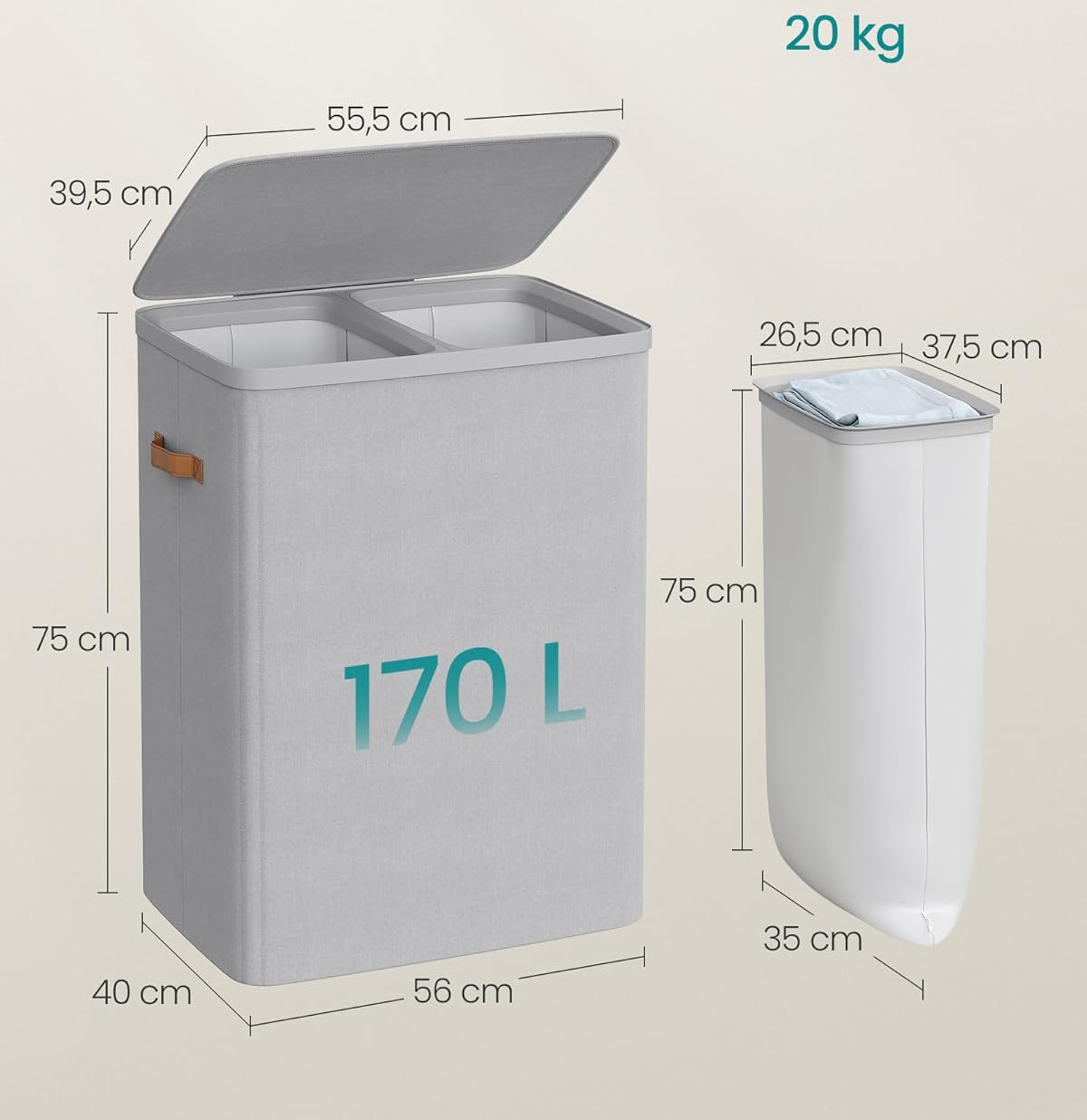 SONGMICS szennyeskosár 2 rekesszel és fedéllel, kivehető fogantyús zsákokkal, 170 liter, 56x40x75 cm, szürke - Image 4