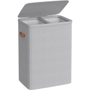 SONGMICS szennyeskosár 2 rekesszel és fedéllel, kivehető fogantyús zsákokkal, 170 liter, 56x40x75 cm, szürke