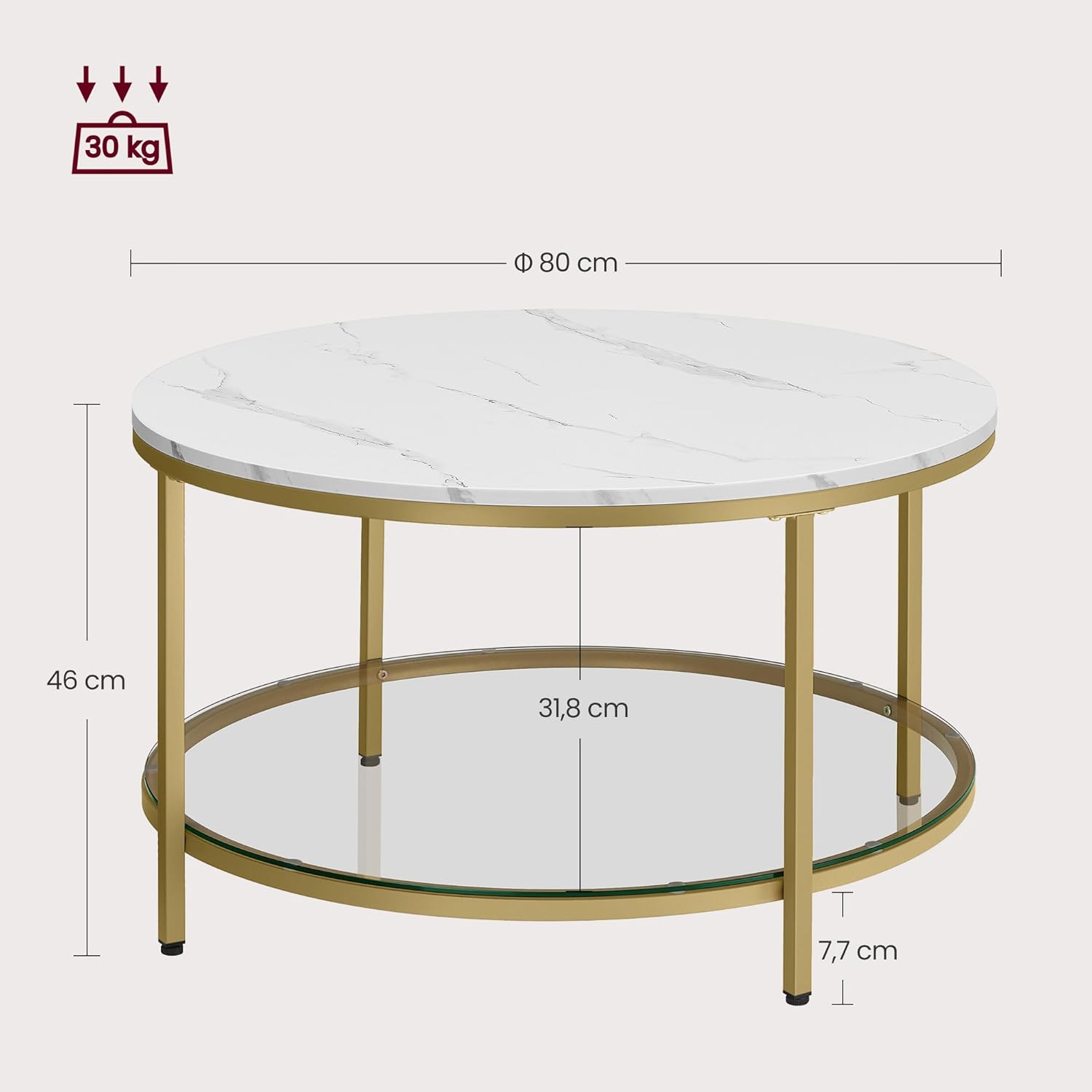 VASAGLE kerek dohányzóasztal márványhatású asztallappal és üveg alsó polccal, 80x45 cm, fehér és arany - Image 2