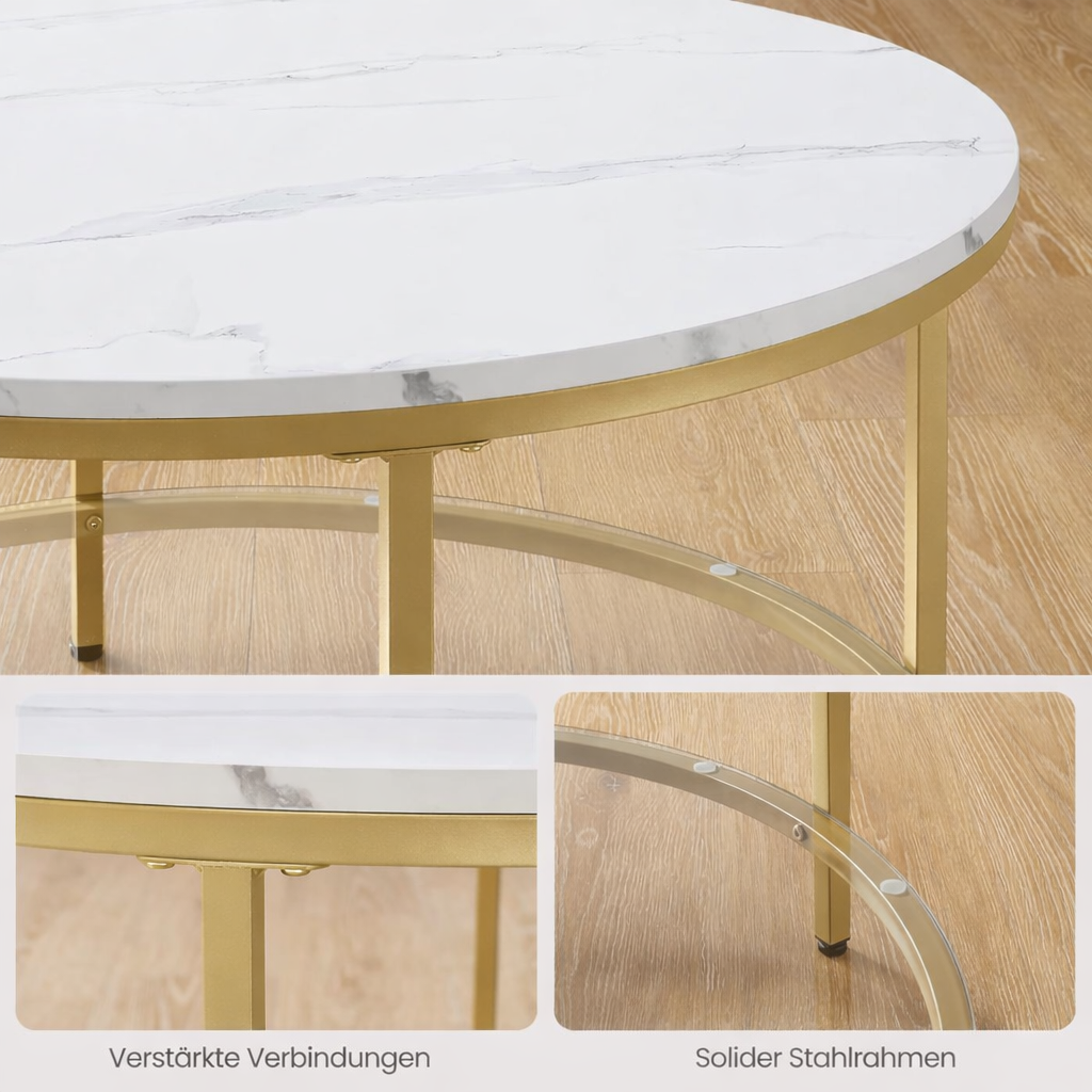 VASAGLE kerek dohányzóasztal márványhatású asztallappal és üveg alsó polccal, 80x45 cm, fehér és arany - Image 5