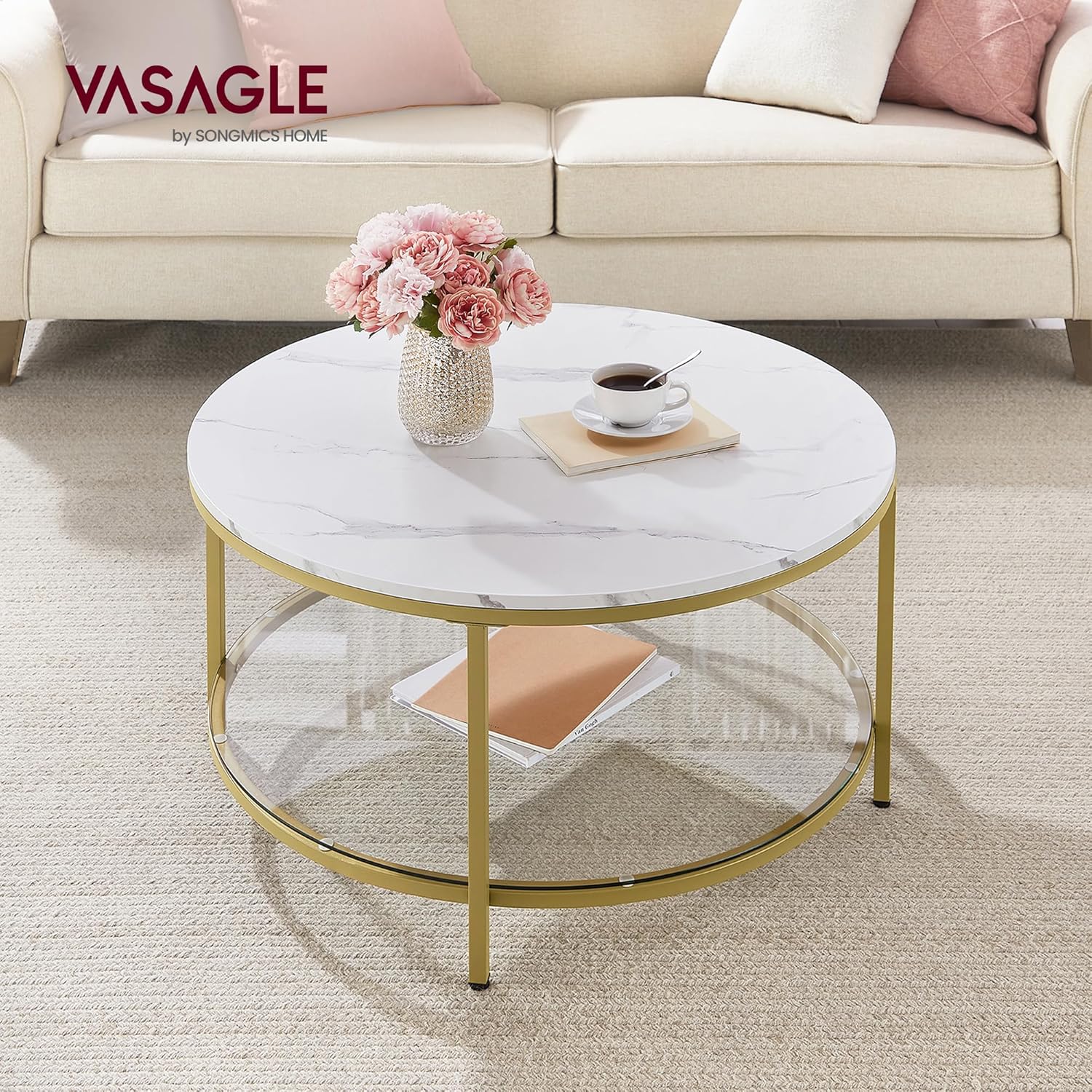 VASAGLE kerek dohányzóasztal márványhatású asztallappal és üveg alsó polccal, 80x45 cm, fehér és arany - Image 6