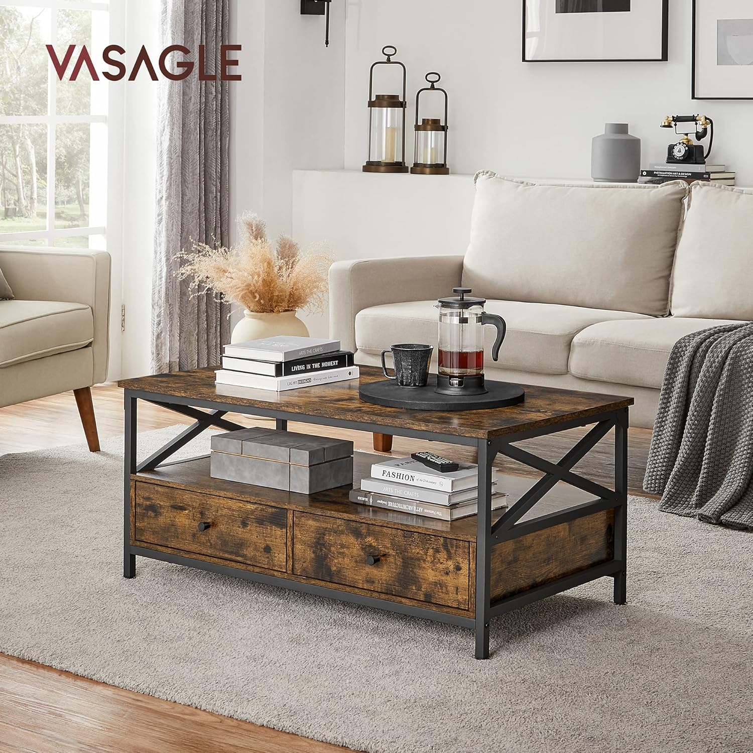 VASAGLE dohányzóasztal 2 fiókkal és nyitott tárolórekesszel, fém szerkezettel, ipari stílus, 100x55x45 cm, rusztikus barna - Image 2