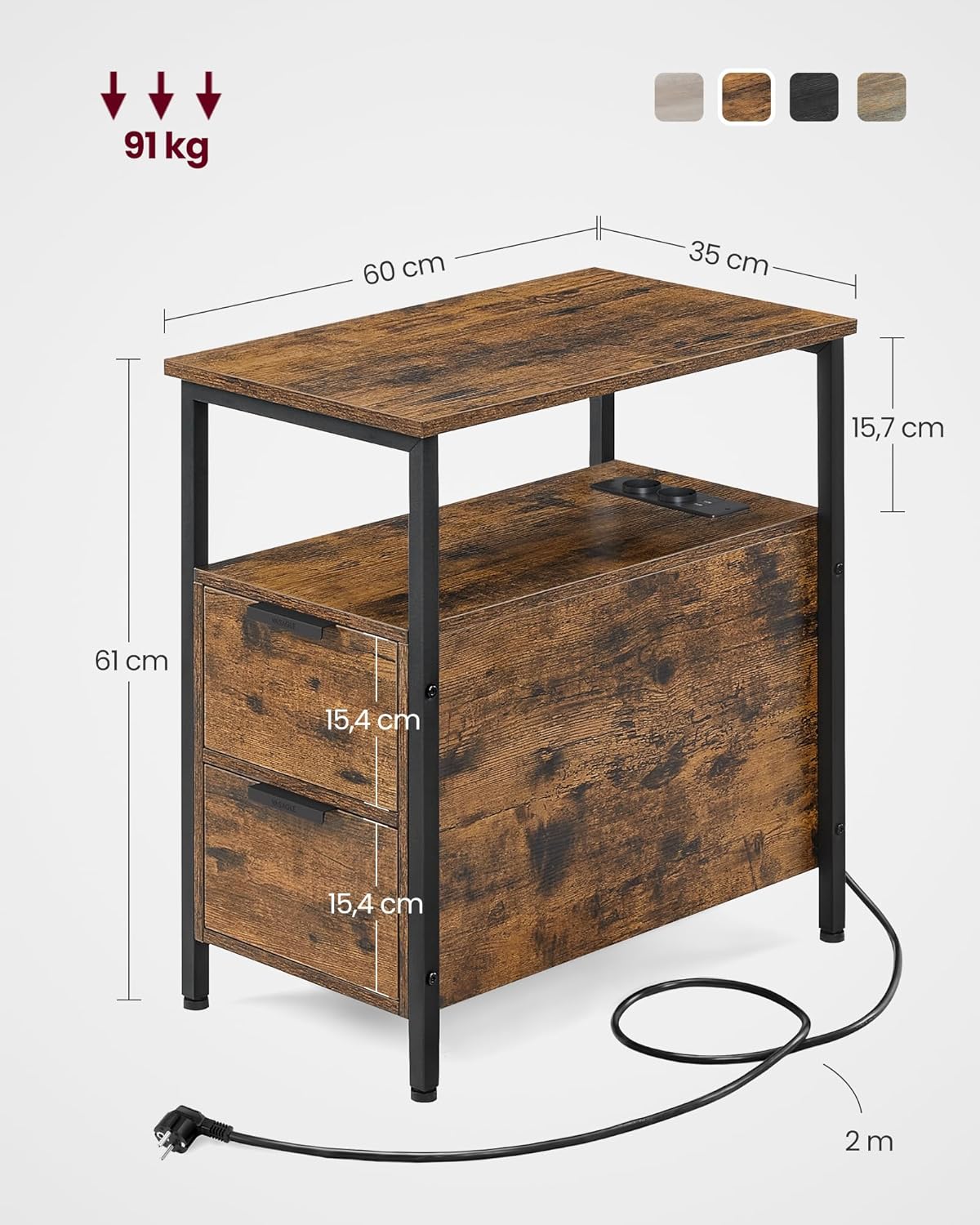 VASAGLE éjjeliszekrény, 60x35x61 cm, 2 fiókkal, polcokkal és beépített konnektorral, forgácslap és acél, rusztikus barna - Image 5